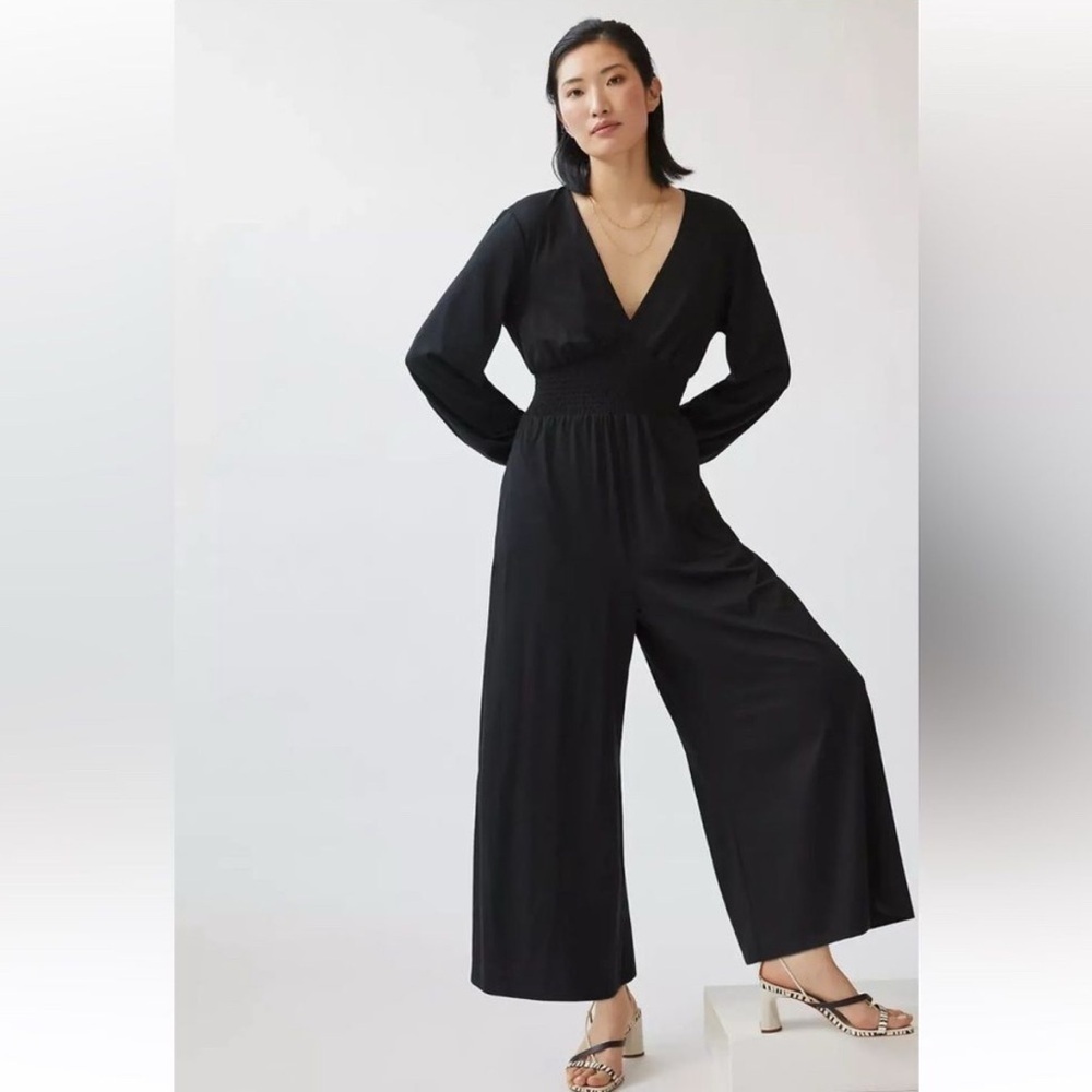 Anthropologie Hutch Black Long Sleeve Jumpsuit Smocked Waist Wide Leg Size XS